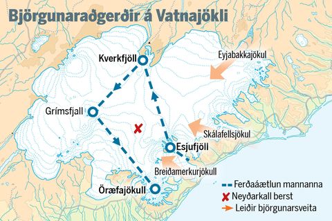The blue, dotted line shows the men's intended itinerary, the red x shows the location of the emergency signal, and the orange arrows indicate the routes taken by rescue teams.