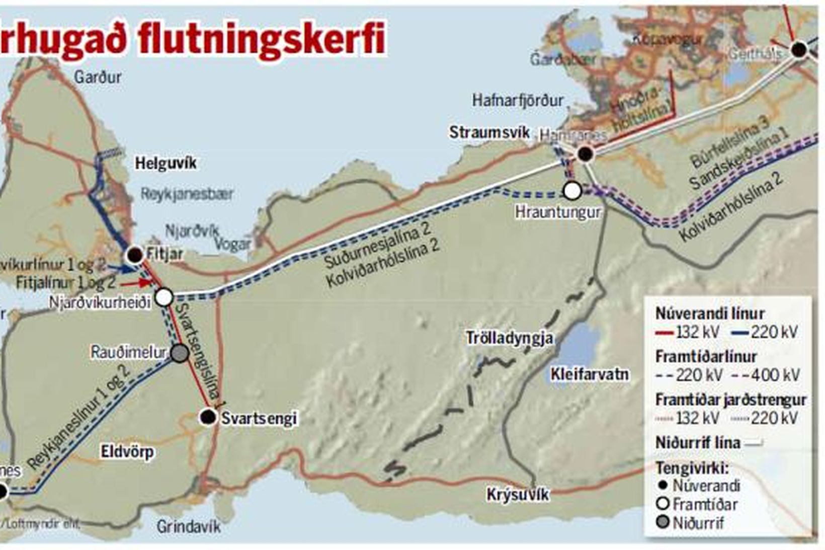 Fyrirhugað flutnignskerfi Landsnets á Reykjanesi.