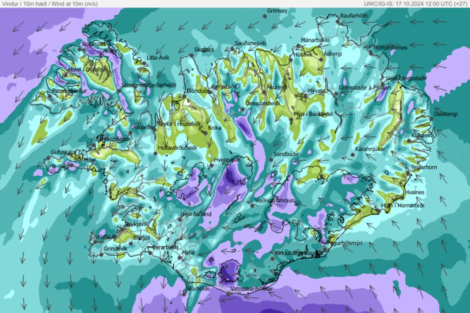 Vindaspáin á landinu kl. 14 á morgun.