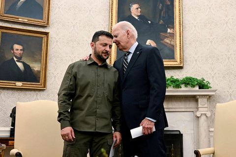 Volodimír Selenskí Úkraínuforseti og Joe Biden Bandaríkjaforseti á fundi í Hvíta húsinu fyrir ári síðan.