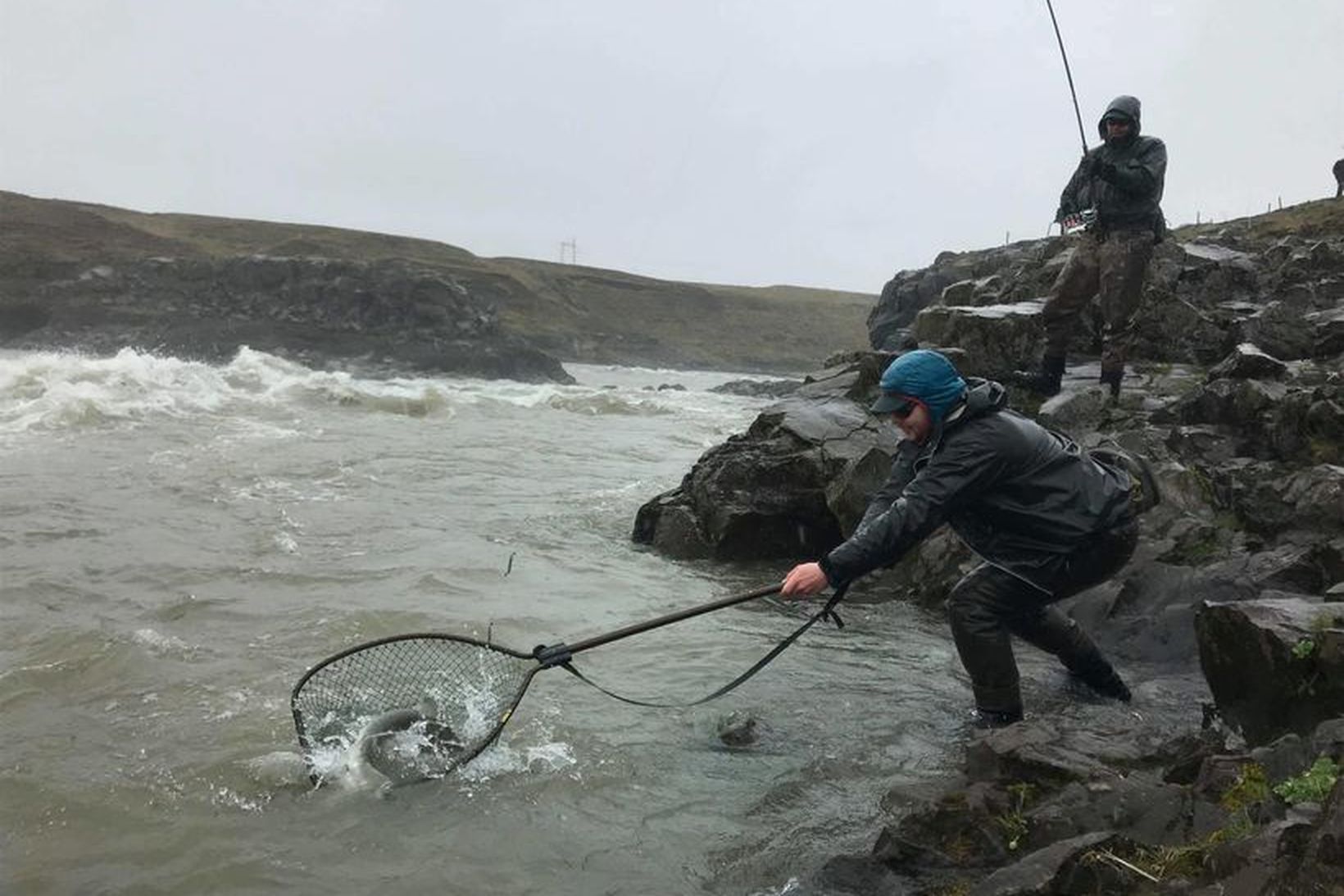 Laxi landað í beljandanum við Urriðafoss á opnunardaginn 2018.