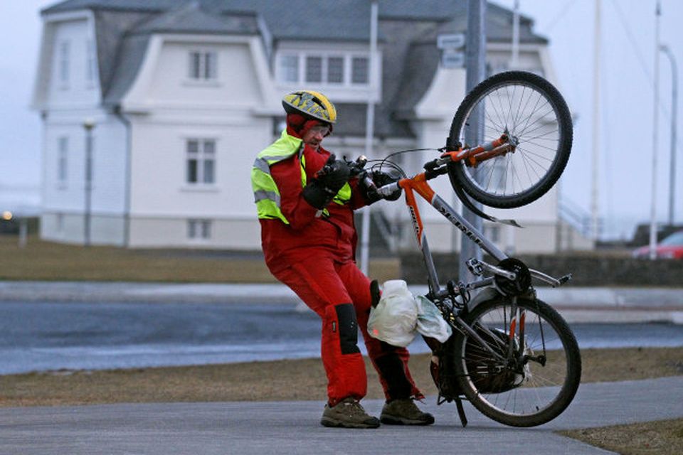 Í basli með hjólið við Höfða.