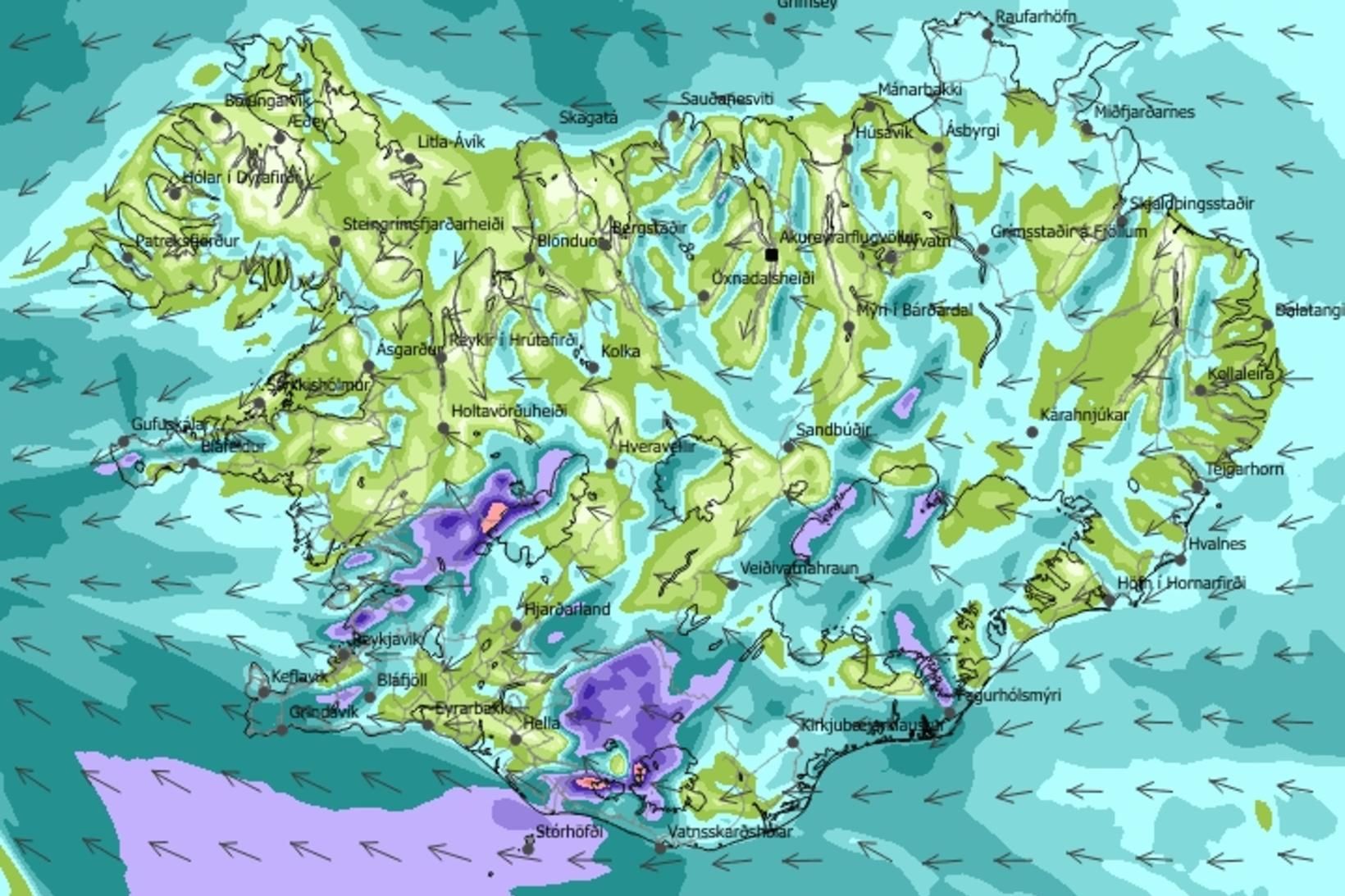 Vindaspáin á landinu klukkan 12 í dag.