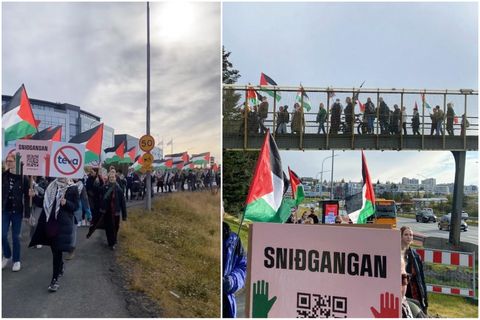 Um 150 manns gengu frá Hafnarfirði til Reykjavíkur til að vekja athygli á sniðgöngu gegn …