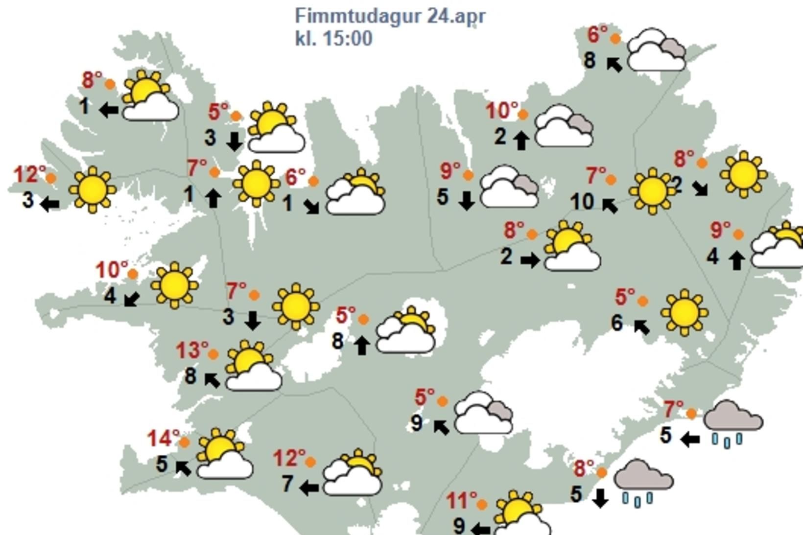 Kort Veðurstofu Íslands klukkan 15 í dag.