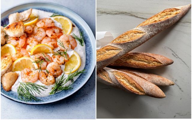Miðsumarsrækjur í kremaðri sósu, með fersku dilli og ristuðu baguette sem steinliggur í næsta boði.