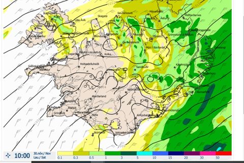Úrkomuspá á laugardaginn klukkan 10.
