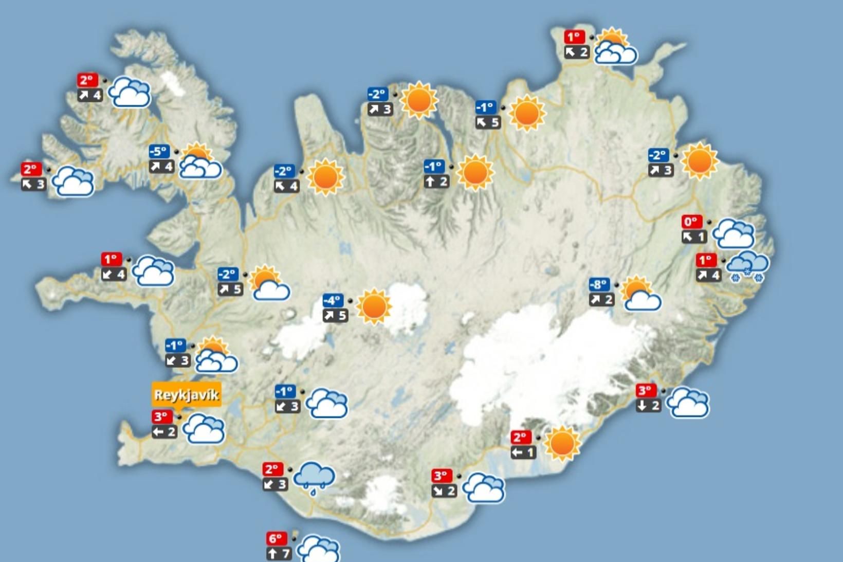 Veðurspáin í hádeginu í dag.