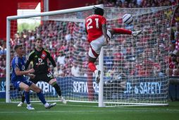 Anthony Elanga sóknarmaður Nottingham Forest með mögnuð tilþrif við mark Leicester í dag.