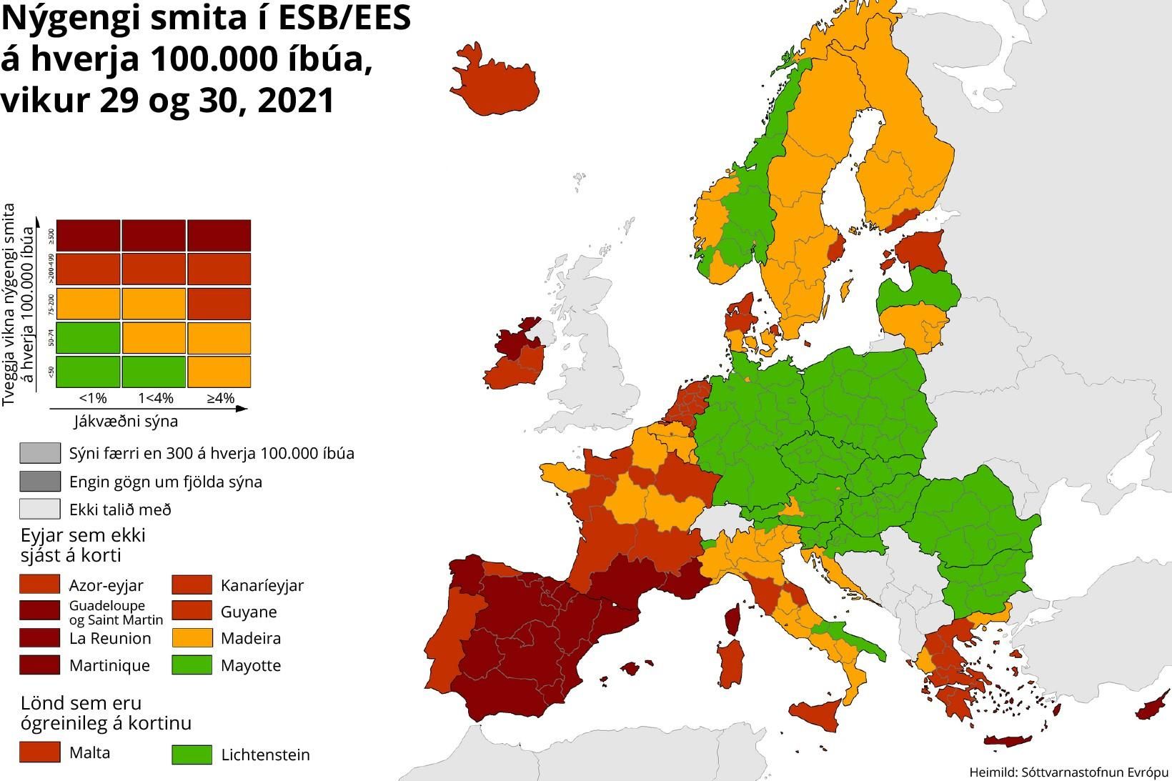 Kort Sóttvarnastofnunar Evrópu sem uppfært var í dag