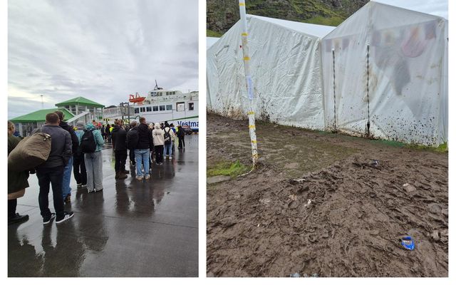 Þjóðhátíðargestir bíða þess að komast um borð í Herjólf eftir blauta nótt í Herjólfsdal.