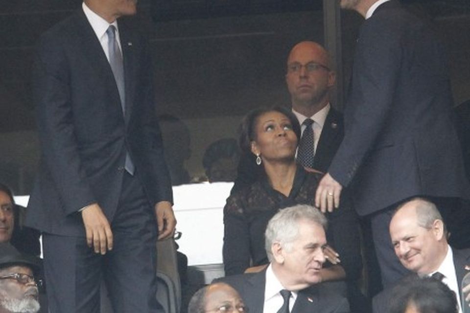 Barack Obama ásamt eiginkonu sinni Michelle, Friðriki krónprins Dana og fleirum.