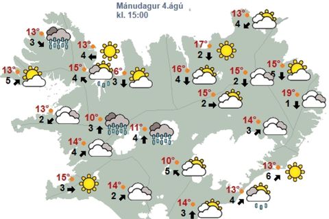Kort Veðurstofu Íslands klukkan 15 í dag.
