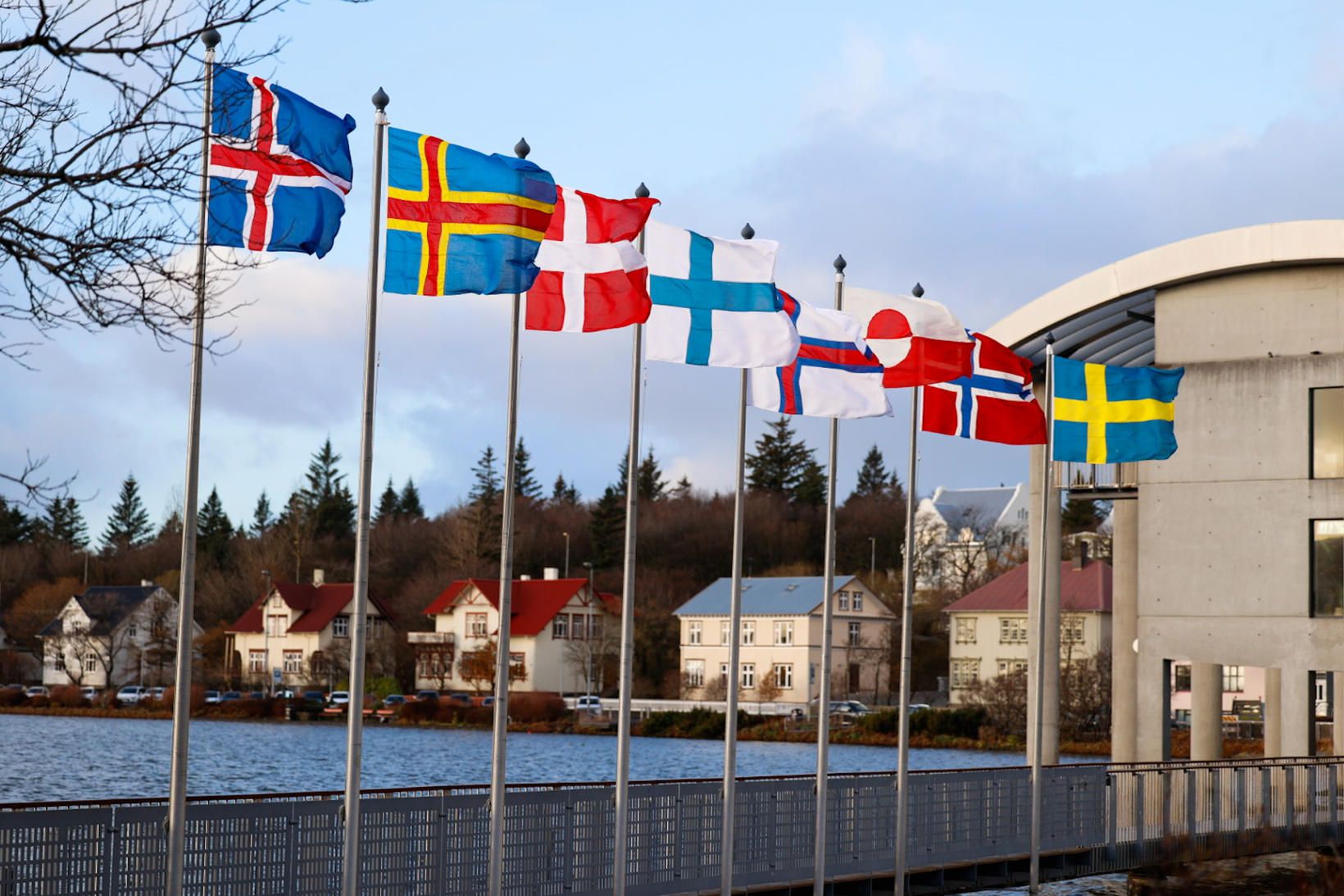 Fánar Norðurlandanna við Ráðhúsið í Reykjavík.