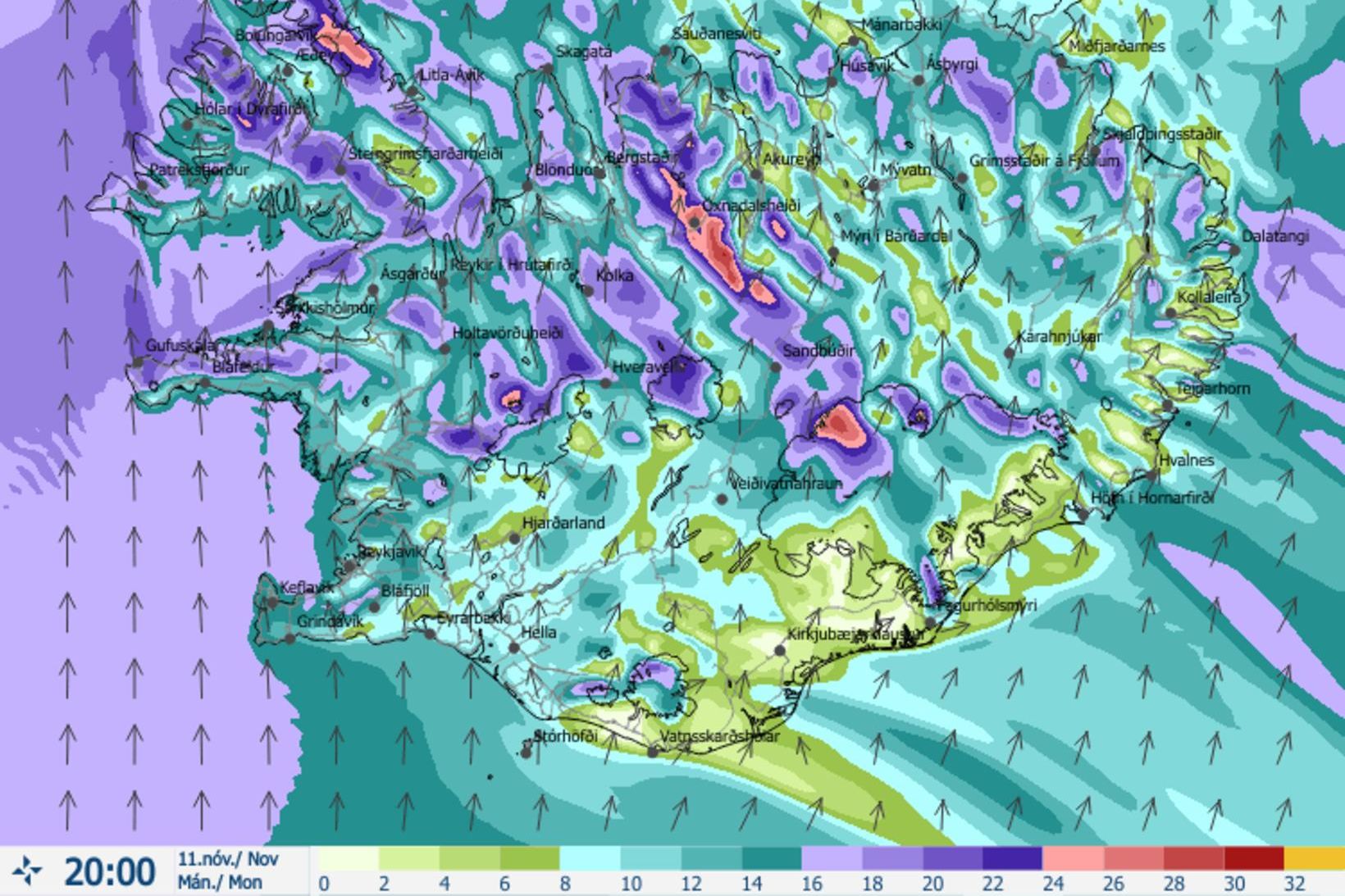 Vindaspáin á landinu kl. 20 annað kvöld.