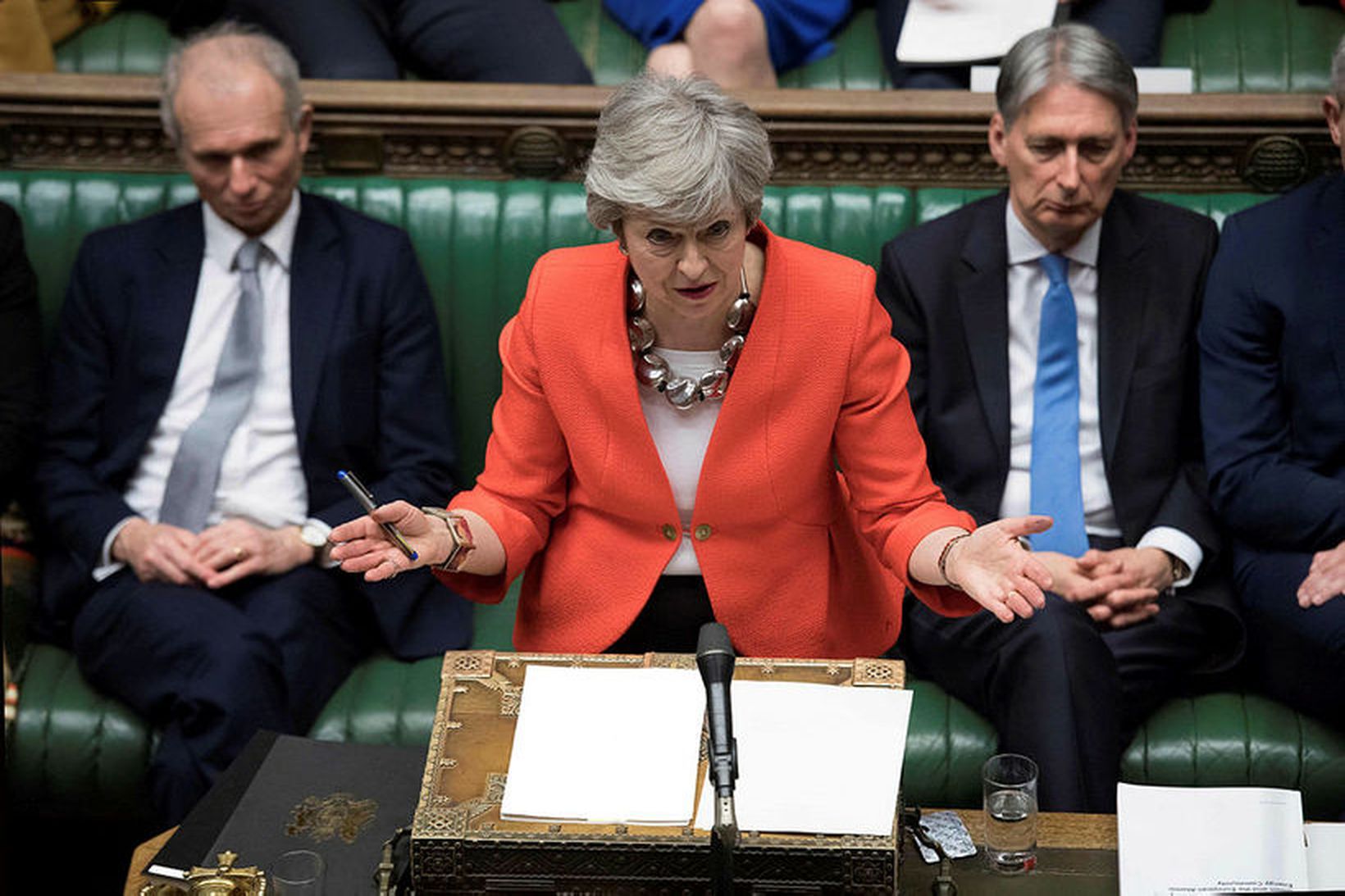 Theresa May, forsætisráðherra Bretlands, í breska þinginu í dag.