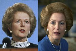 Margaret Thatcher og Gillian Anderson í hlutverki Thatcher í The Crown.