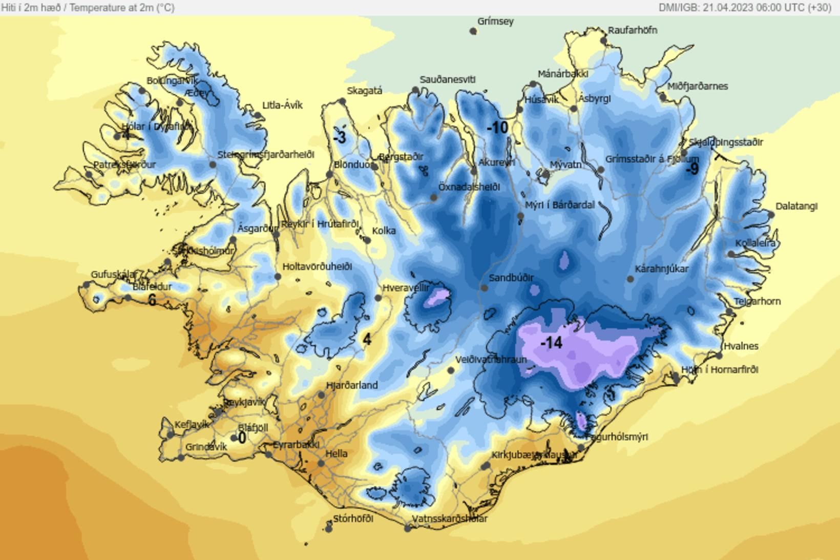 Hitaspáin á landinu kl. 12 á morgun.