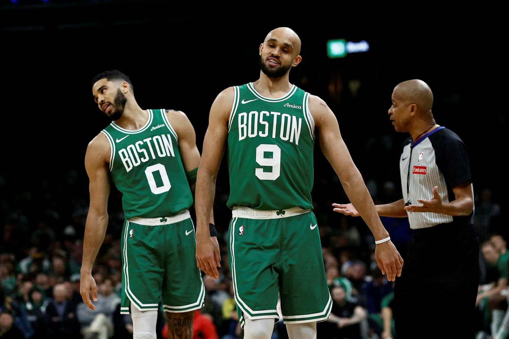 Jayson Tatum, t.v., og Derrick White.