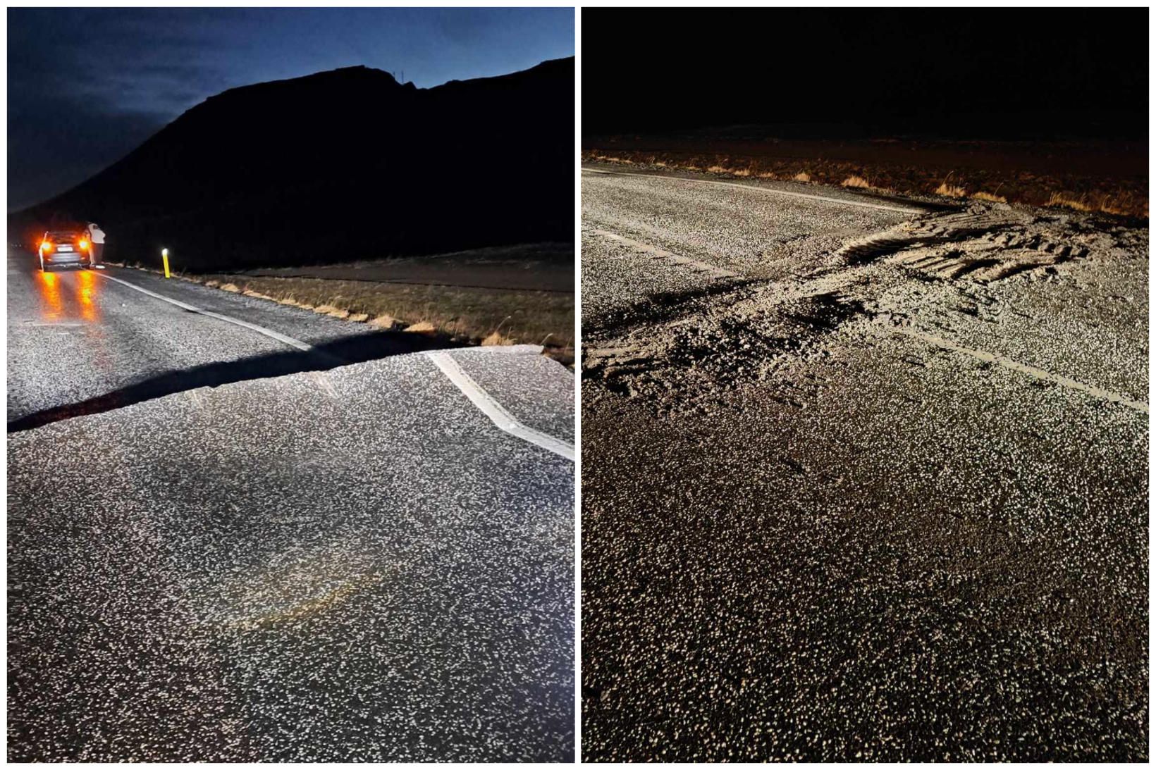 Grindavíkurvegur gekk í bylgjum þetta kvöldið og rifnaði svo alveg …