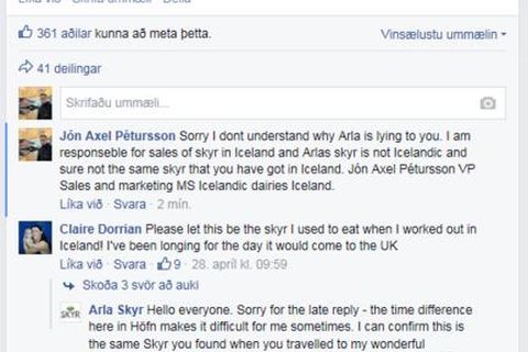 A dialogue on Arla's Facebook page. Arla claim to be located in Höfn, east Iceland and promise  that they are selling Icelandic skyr.