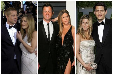 Leikkonan Jennifer Aniston ásamt fyrrverandi mökum sínum, þeim Brad Pitt, Justin Theroux og John Mayer.