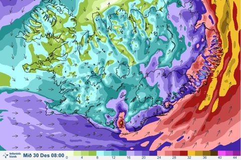 The wind forecast for 8 am tomorrow morning.