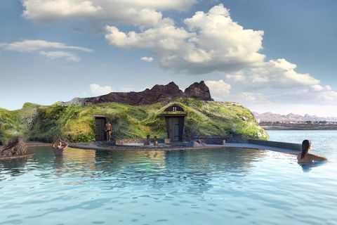 The entrance to the spa looks like an Icelandic turf house.