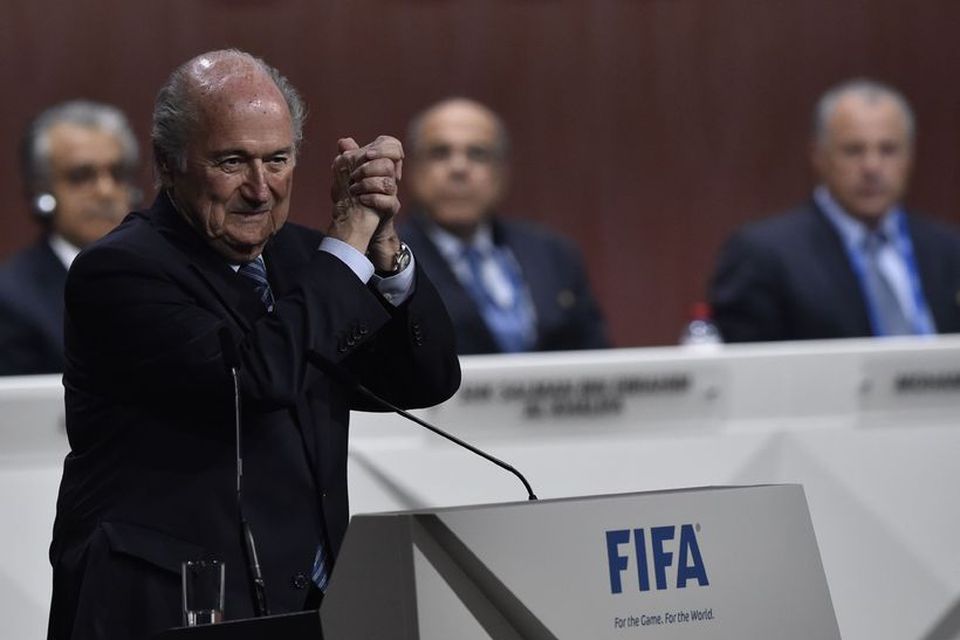Sepp Blatter í sigurræðu sinni í dag.
