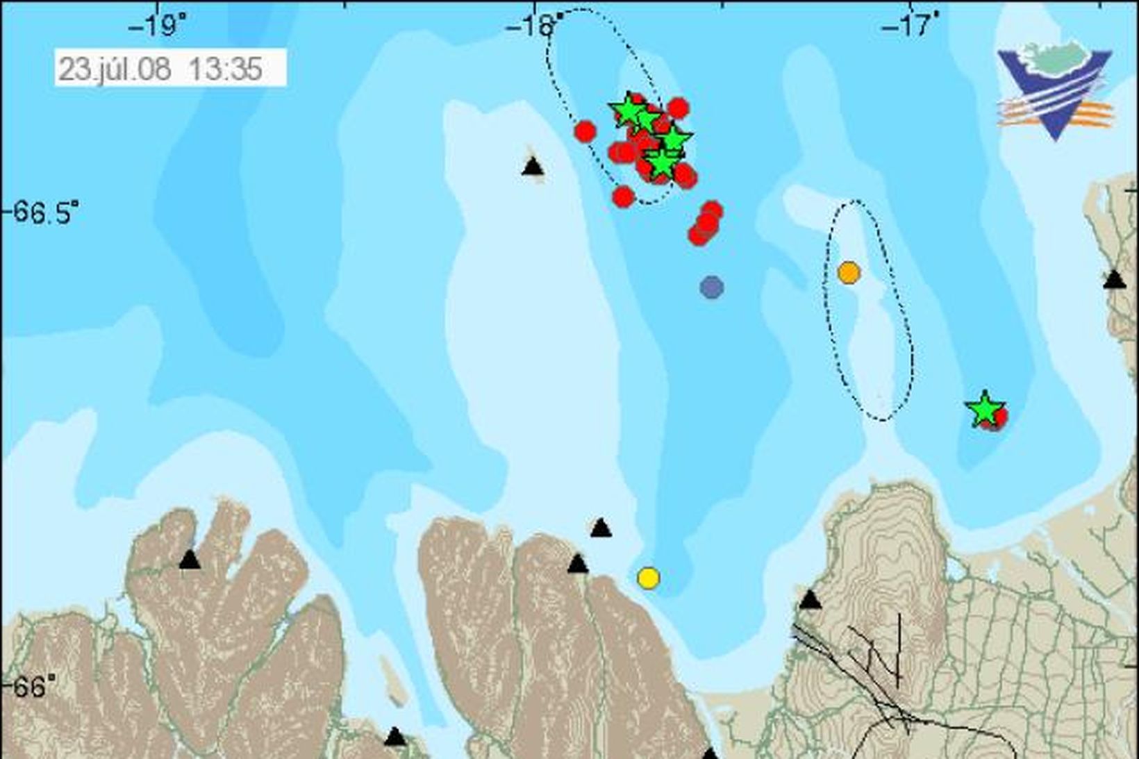 Upptök skjálftanna sjást á þessu korti af vef Veðurstofunnar.