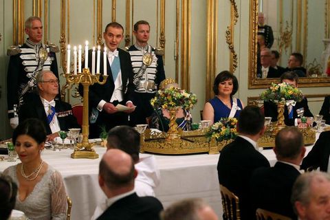 President Jóhannesson makes a speech in Danish at the Royal Palace. On his left, in the navy gown, is First Lady of Iceland, Canadian-born Eliza Reid.