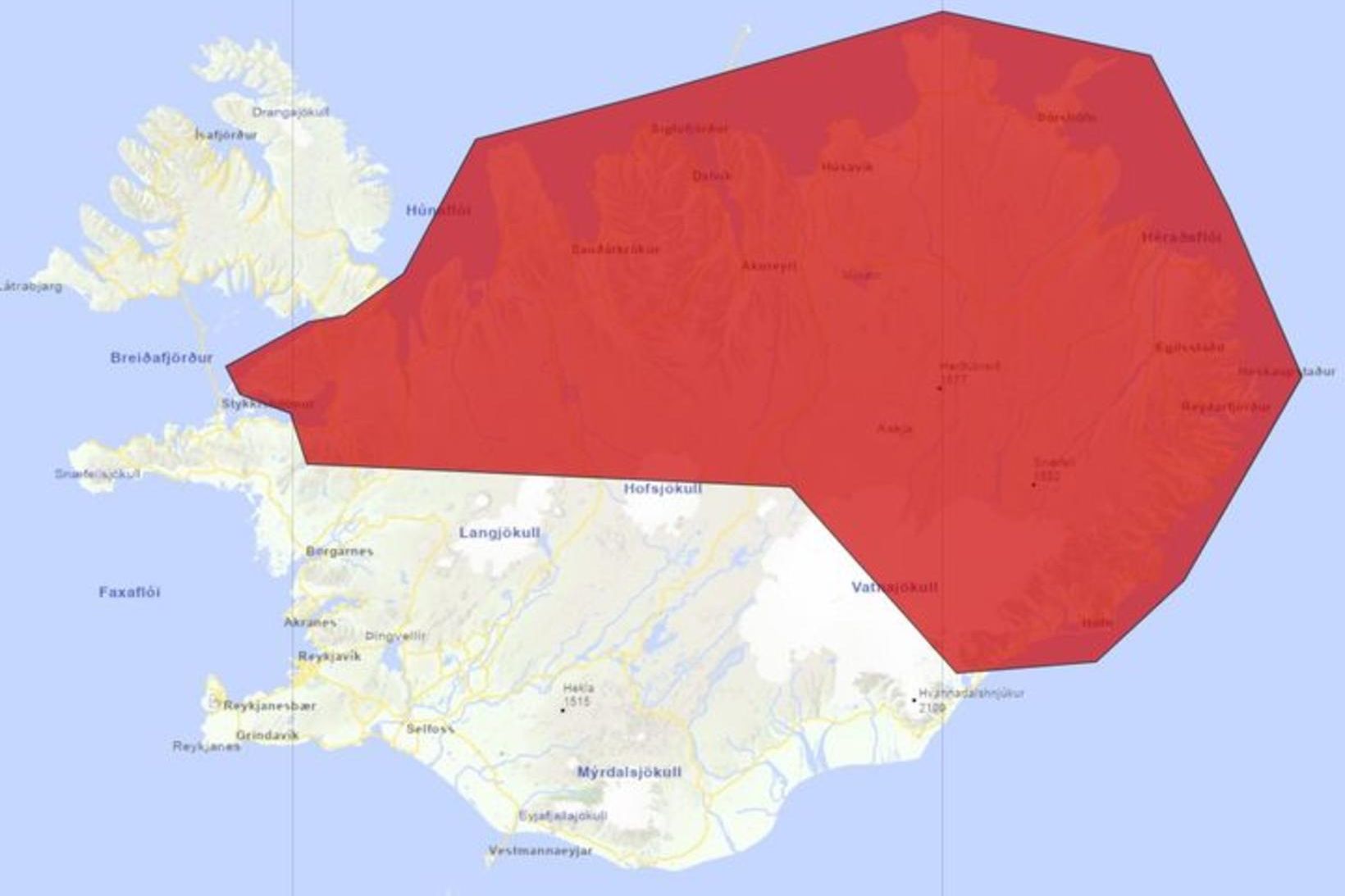 Rósant tekur það fram að rauði flákinn á kortinu hafi …