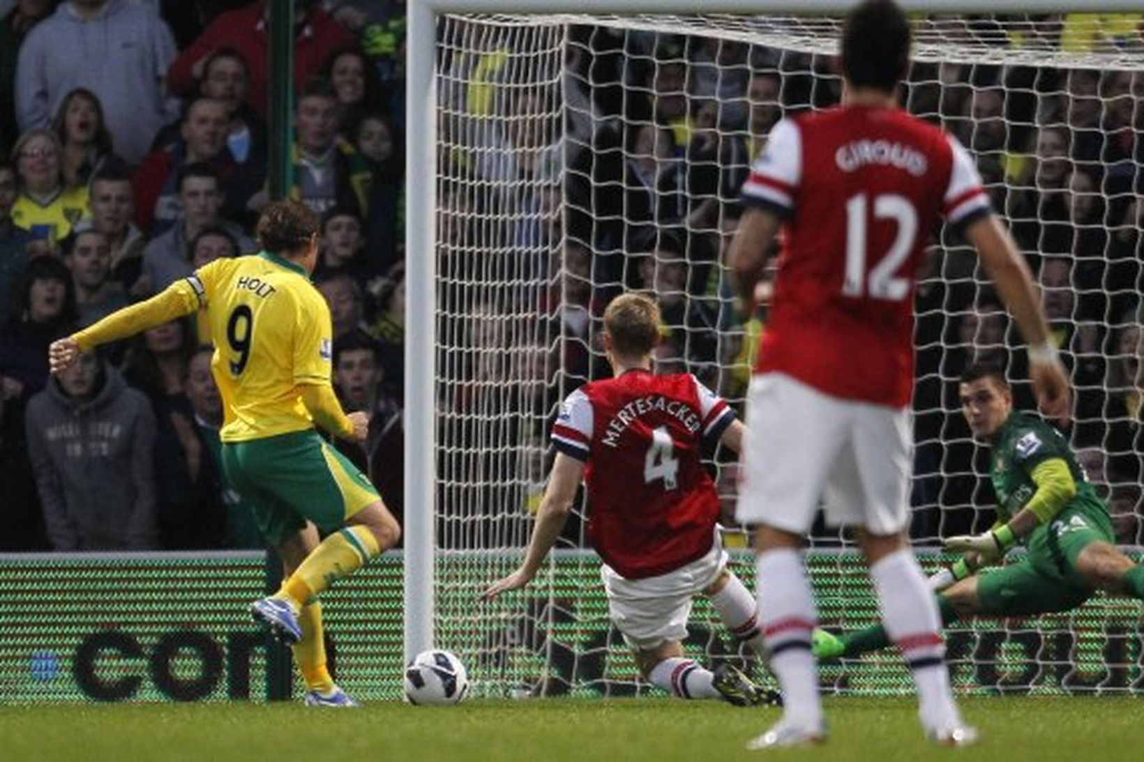 Grant Holt skorar sigurmark Norwich gegn Arsenal.
