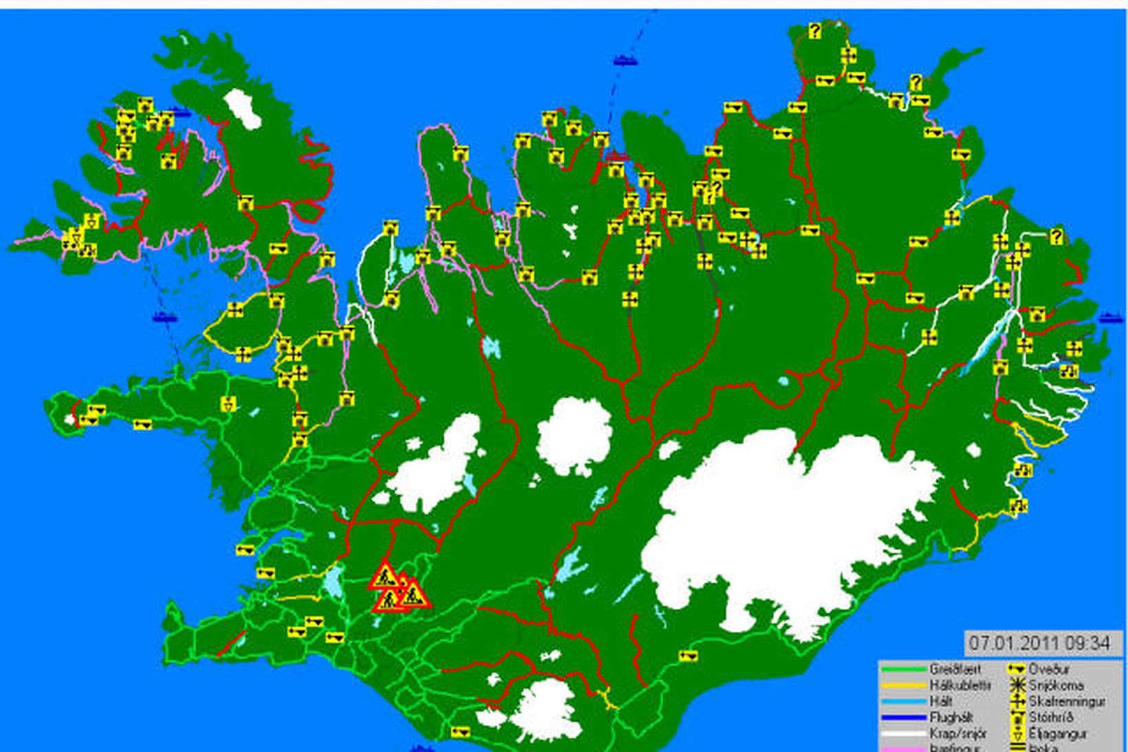 Kort Vegagerðarinnar sýnir vel að ekkert ferðaveður er víðast hvar …