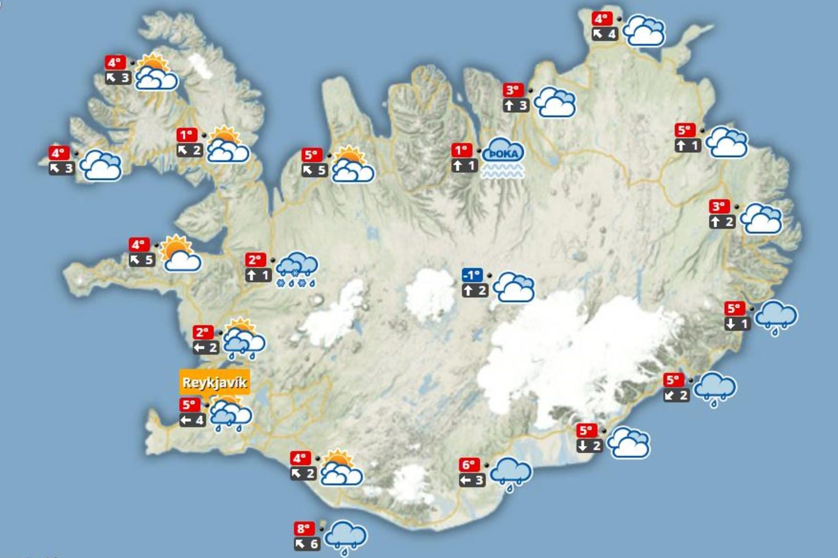 Veðurútlit á hádegi í dag, föstudag.