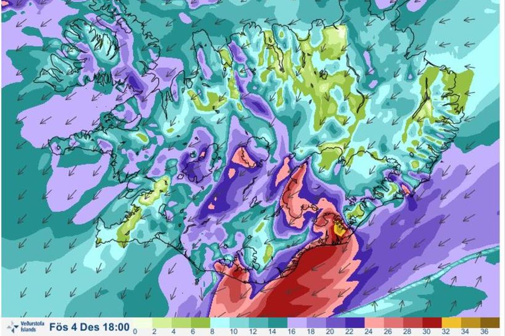 Vindaspá fyrir kl. 18 í dag. Bleiki og rauði liturinn …