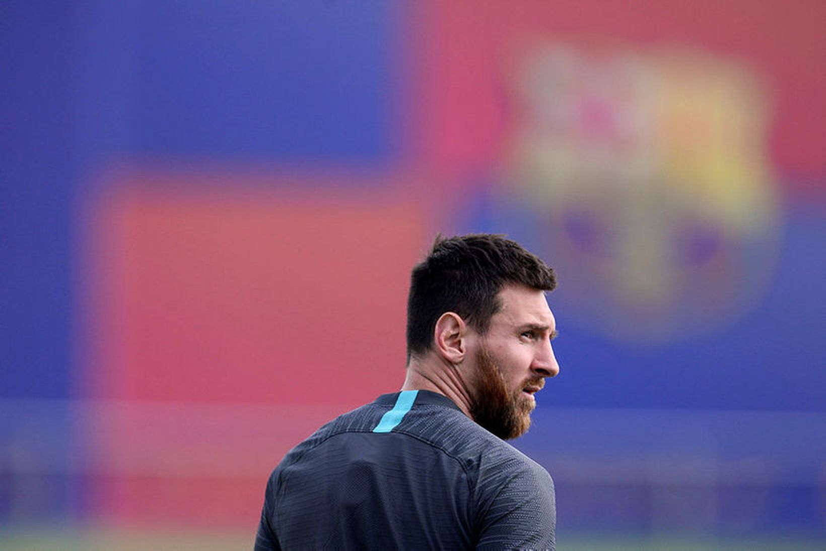 Lionel Messi á æfingasvæði Barcelona í morgun.
