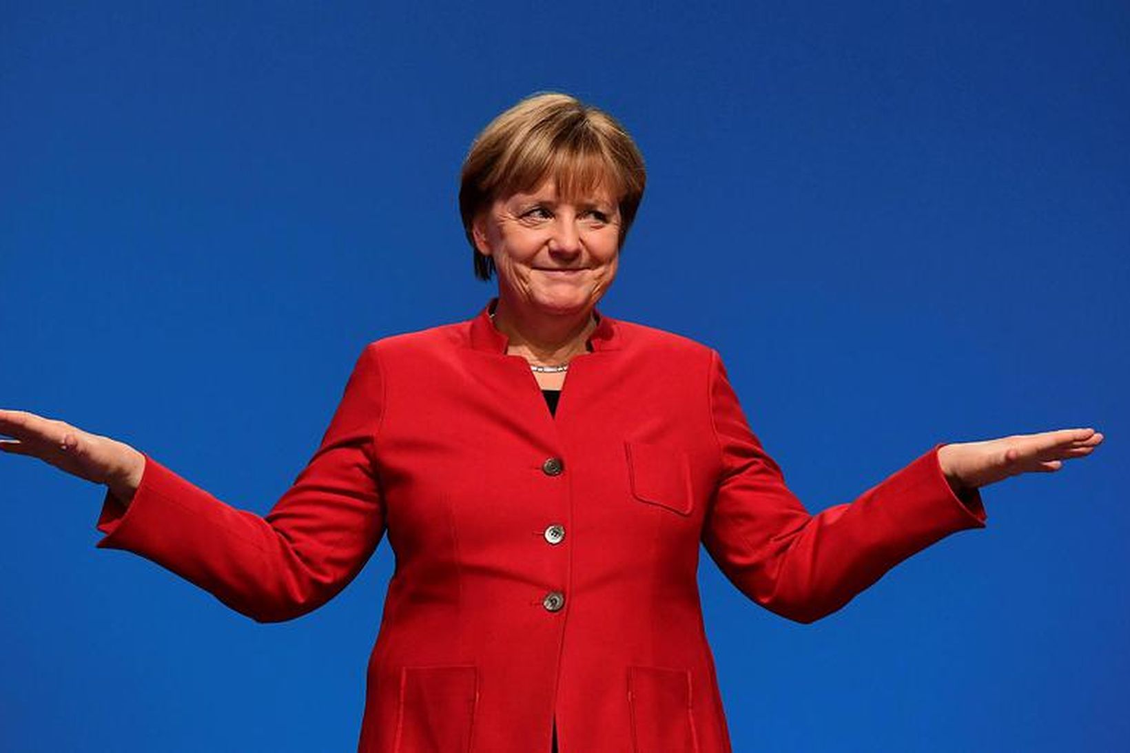 Angela Merkel á flokksþingi Kristilega demókrataflokksins í dag.